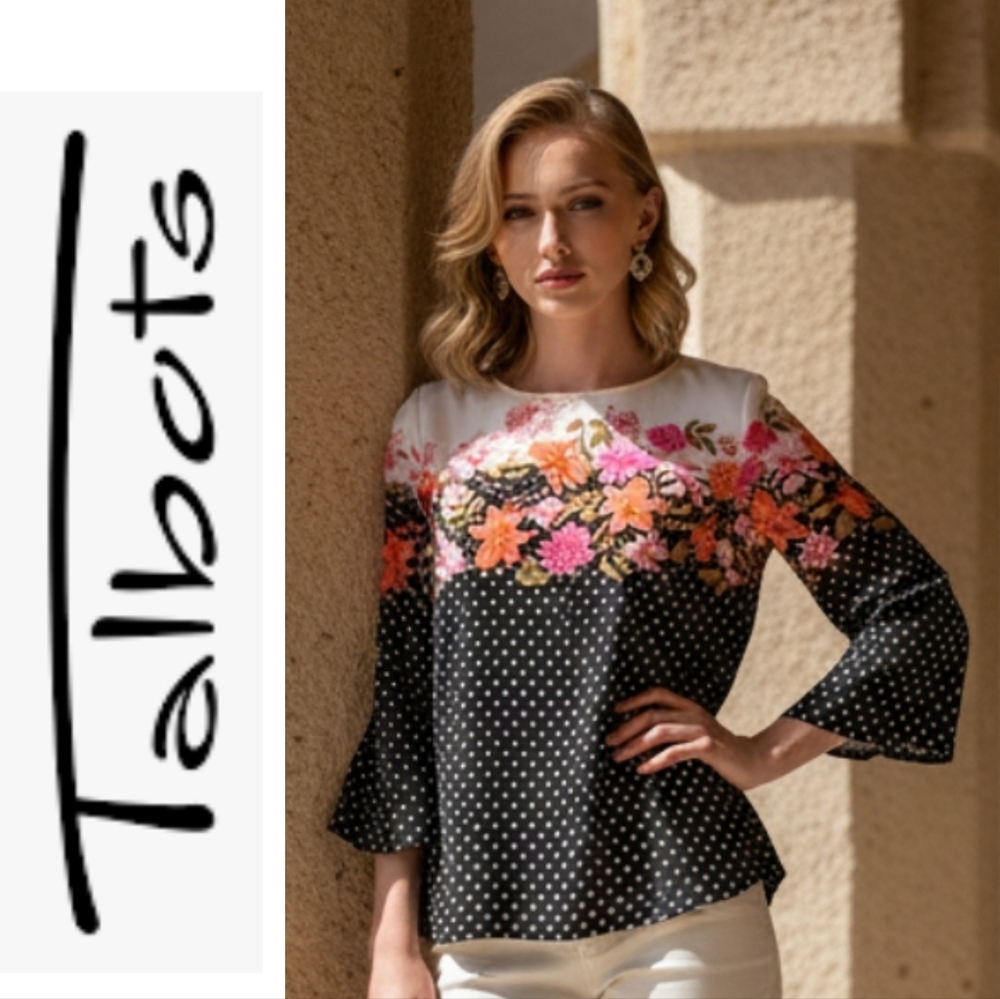 Talbots Black and White Polka Dot Blouse with Floral Print